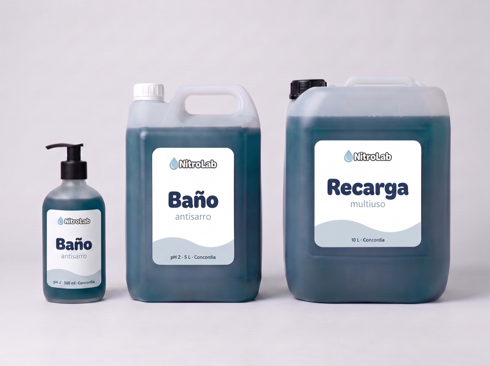 Familia de envases NitroLab: 500 ml,
          5 litros y recarga de 10 litros